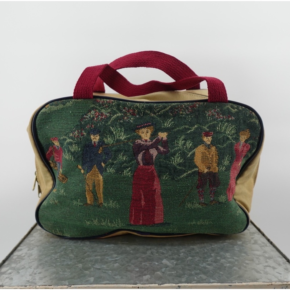 Vintage Tapestry Golf Scene Small Duffel Bag Tan Canvas Burgundy Handles